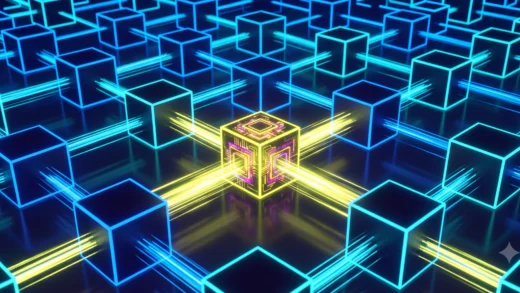 An abstract neon cyberpunk visual illustrating scalable, modular data infrastructure. The scene shows a vast grid system of interlocking, glowing hexagonal and cubic blocks made of alternating Dodger Blue (#017FFF) and Cyan Glow (#42F2F7) lines, representing modular feed infrastructure extending into the distance against a deep Locaria Imperial (#221624) background. In the foreground, one central block is slightly elevated, pulsing intensely with Paris Daisy (#EEFF41) yellow light, marked with a cog and sync icon. From this central block, glowing pulses of logic light travel instantly along connecting data pathways to the surrounding network, illustrating single-point updates. Hovering above the structure are translucent, rising holographic line graphs and subtle, non-readable currency symbols ($ and €) in neon colors, representing commercial data metrics and profitability. The perspective is slightly elevated, looking across the vast network.