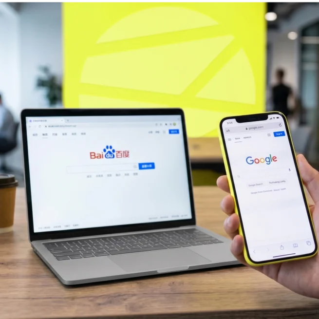 Google and Baidu homepages on a desktop and a phone