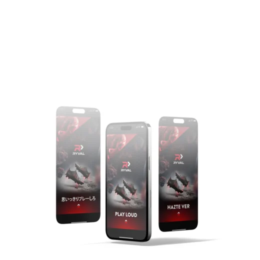 three phones showing social ads in different languages for sports shoes