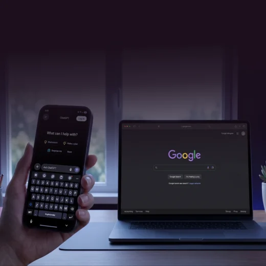 a phone and a laptop respectively showing the homepage for chatgpt and google
