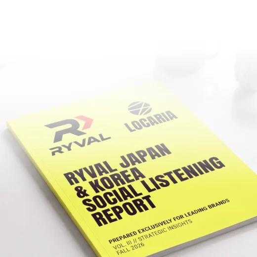 Yellow report booklet which says 'Ryval Japan & Korea social listening report' on the front cover
