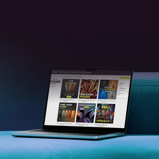 Mockup of a laptop screen showing a DAM tool