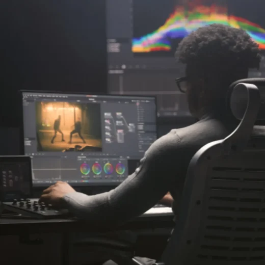 Image of a man sitting with a computer screen in front of him