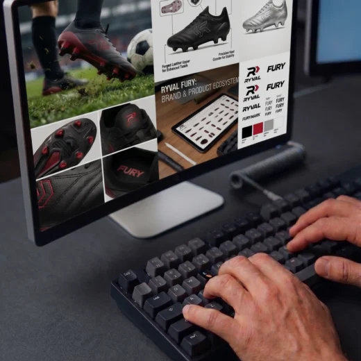 computer screen with visual assets and a hand writing on keyboard