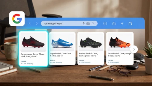 Google search bar with search term running shoes and search results below